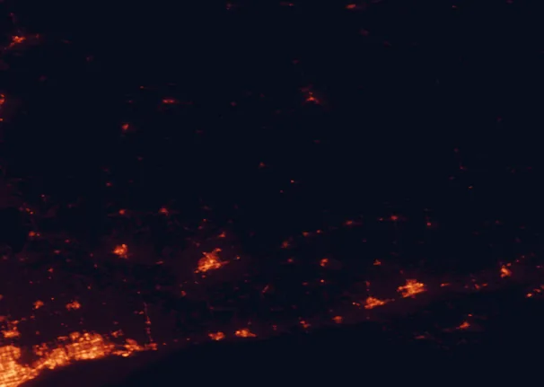 Satellite night-light map of the 100 km around Petroglyphs Provincial Park, with Oshawa, Peterborough and Whitby marked