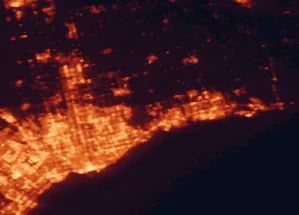 Satellite night-light map of the 50 km around Pickering, with Toronto, Markham and Mississauga marked