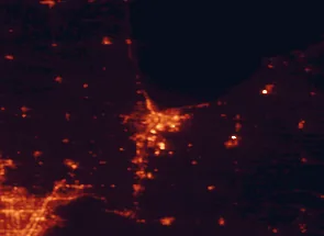 Satellite night-light map of the 50 km around Sarnia, with Clinton Township, Marysville and Corunna marked