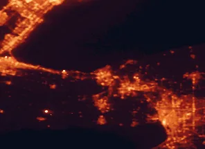 Satellite night-light map of the 50 km around St. Catharines, with Mississauga, Buffalo and Niagara Falls marked