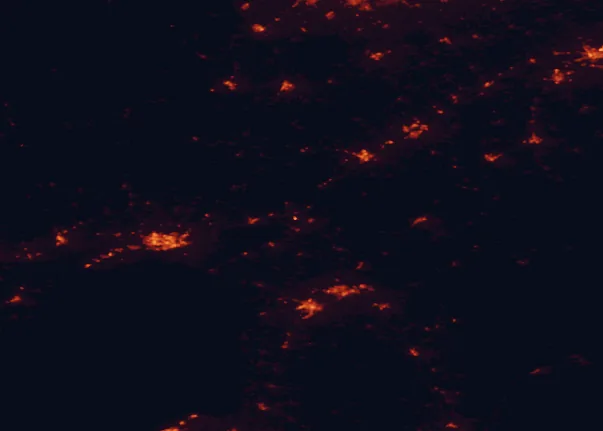 Satellite night-light map of the 100 km around Thousand Islands National Park, with Kingston, Brockville and Watertown marked