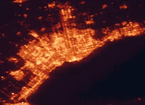 Satellite night-light map of the 50 km around Toronto, with Mississauga, Brampton and Etobicoke marked