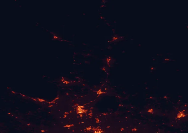 Satellite night-light map of the 100 km around Torrance Barrens, with Barrie, Peterborough and Orillia marked