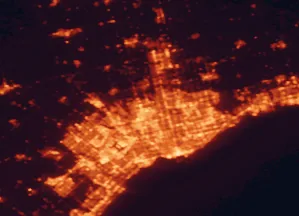 Satellite night-light map of the 50 km around Vaughan, with Toronto, Brampton and Mississauga marked