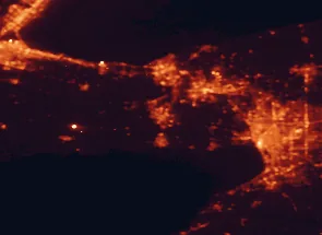 Satellite night-light map of the 50 km around Welland, with Buffalo, St. Catharines and Niagara Falls marked