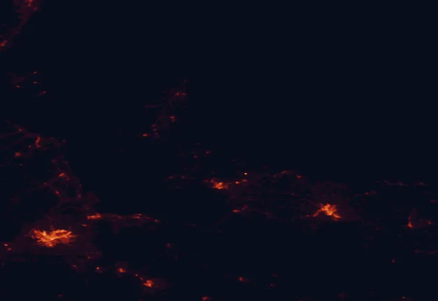 Satellite night-light map of the 100 km around Pituamkek National Park Reserve, with Moncton, Charlottetown and Summerside marked
