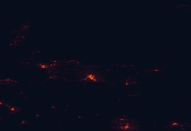 Satellite night-light map of the 100 km around Prince Edward Island National Park, with Charlottetown, Stratford and Summerside marked