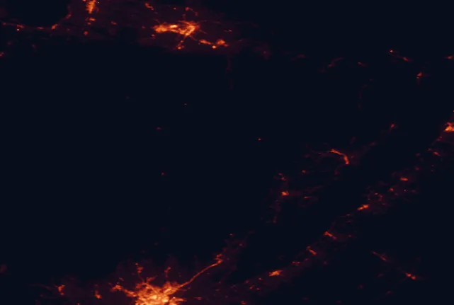 Satellite night-light map of the 100 km around Grands-Jardins National Park, with Saguenay, Neufchâtel-Est-Lebourgneuf and La Malbaie marked