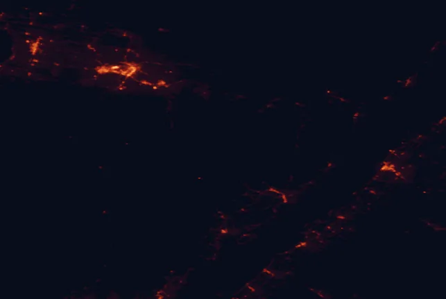 Satellite night-light map of the 100 km around Hautes-Gorges-de-la-Rivière-Malbaie National Park, with Saguenay, Alma and Rivière-du-Loup marked