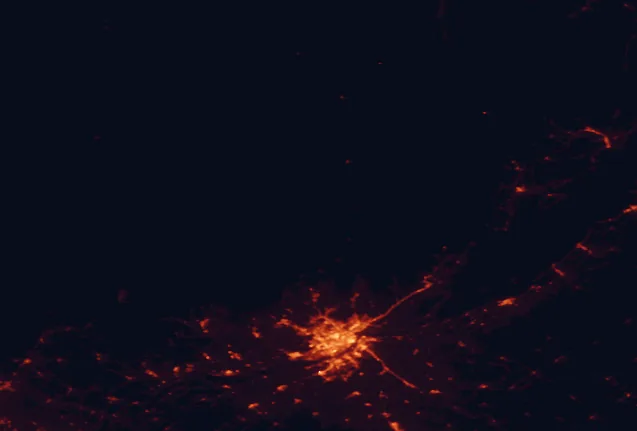 Satellite night-light map of the 100 km around Jacques-Cartier National Park, with Québec, Lévis and Neufchâtel-Est-Lebourgneuf marked