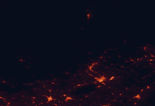 Satellite night-light map of the 100 km around La Mauricie National Park, with Trois-Rivières, Shawinigan and Sorel-Tracy marked