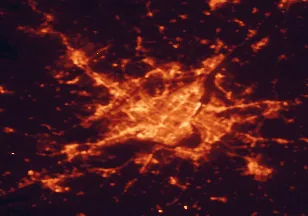 Satellite night-light map of the 50 km around Laval, with Montréal, Villeray-Saint-Michel-Parc-Extension and Rosemont-La Petite-Patrie marked