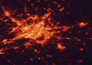 Satellite night-light map of the 50 km around Longueuil, with Montréal, Laval and Mercier-Hochelaga-Maisonneuve marked
