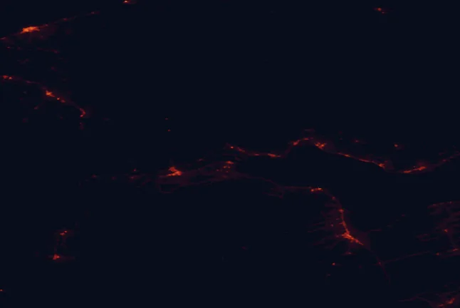 Satellite night-light map of the 100 km around Miguasha National Park, with Belle-Baie, Bathurst and Matane marked