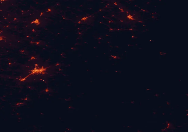 Satellite night-light map of the 100 km around Mont-Mégantic, with Sherbrooke, Victoriaville and Saint-Georges marked
