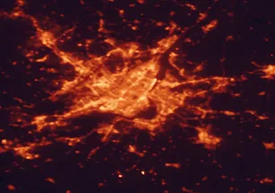 Satellite night-light map of the 50 km around Montreal, with Laval, Longueuil and Villeray-Saint-Michel-Parc-Extension marked