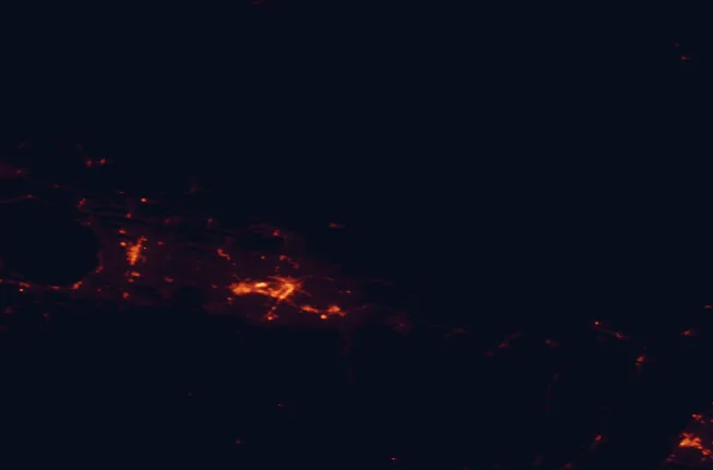 Satellite night-light map of the 100 km around Monts-Valin National Park, with Saguenay, Alma and Sainte-Monique marked