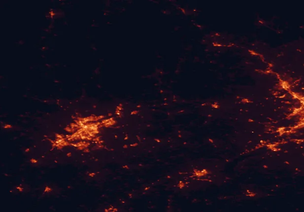 Satellite night-light map of the 100 km around Plaisance National Park, with Ottawa, Gatineau and Nepean marked