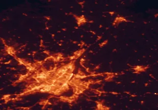 Satellite night-light map of the 50 km around Repentigny, with Montréal, Laval and Longueuil marked