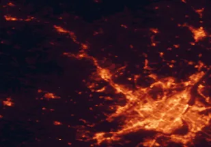 Satellite night-light map of the 50 km around Saint-Jérôme, with Montréal, Laval and Saint-Louis-de-Terrebonne marked