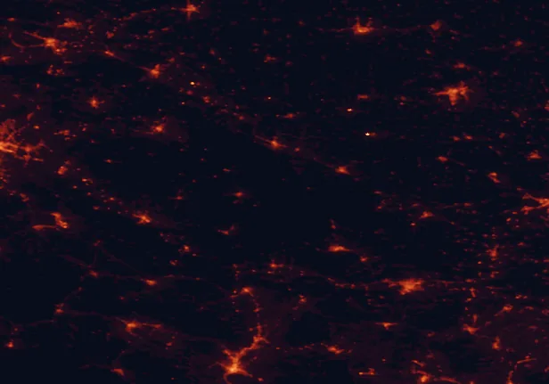 Satellite night-light map of the 100 km around Vrani kamen, with Banja Luka, Pécs and Kaposvár marked