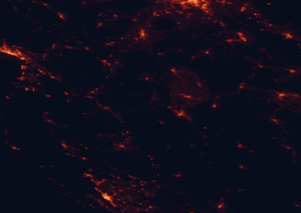 Satellite night-light map of the 100 km around Plitvice Lakes National Park, with Bihać, Rijeka and Zadar marked