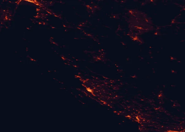 Satellite night-light map of the 100 km around Paklenica National Park, with Zadar, Bihać and Šibenik marked