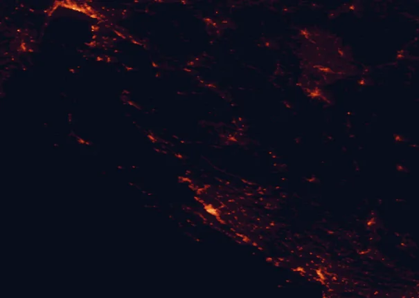 Satellite night-light map of the 100 km around Velebit Nature Park, with Zadar, Bihać and Rijeka marked