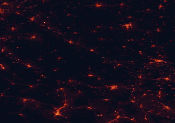 Satellite night-light map of the 100 km around Papuk Nature Park, with Banja Luka, Pécs and Osijek marked