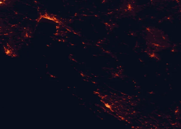 Satellite night-light map of the 100 km around Northern Velebit National Park, with Rijeka, Bihać and Zadar marked