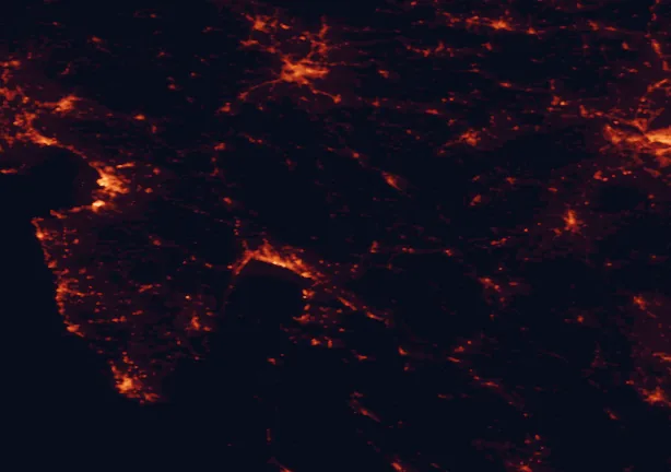 Satellite night-light map of the 100 km around Risnjak National Park, with Ljubljana, Rijeka and Trieste marked