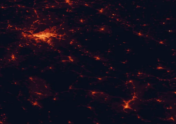 Satellite night-light map of the 100 km around Lonjsko Polje Nature Park, with Zagreb, Banja Luka and Bihać marked