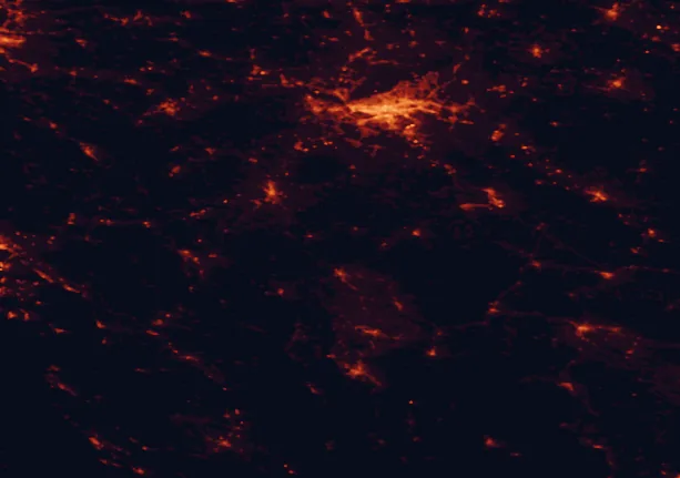 Satellite night-light map of the 100 km around Petrova Gora, with Zagreb, Bihać and Karlovac marked
