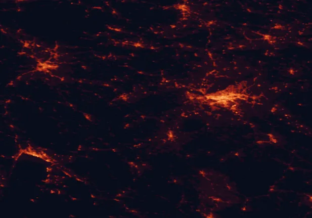 Satellite night-light map of the 100 km around Žumberak-Samobor Mountains Nature Park, with Zagreb, Ljubljana and Rijeka marked