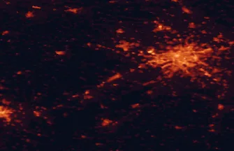 Satellite night-light map of the 50 km around Beroun, with Prague, Kladno and Stodůlky marked