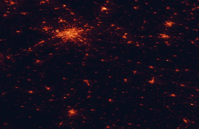 Satellite night-light map of the 100 km around Blaník Protected Landscape Area, with Prague, České Budějovice and Pardubice marked