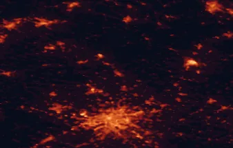 Satellite night-light map of the 50 km around Mělník, with Prague, Ústí nad Labem and Kladno marked
