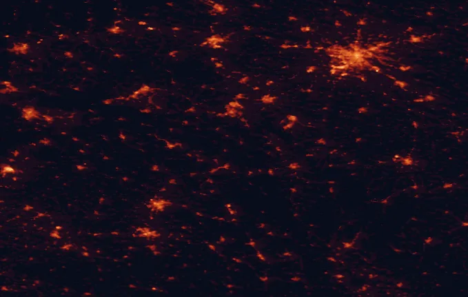 Satellite night-light map of the 100 km around Broumovsko Protected Landscape Area, with Wrocław, Wałbrzych and Hradec Králové marked