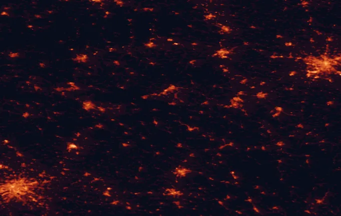 Satellite night-light map of the 100 km around Krkonoše National Park, with Prague, Wrocław and Wałbrzych marked
