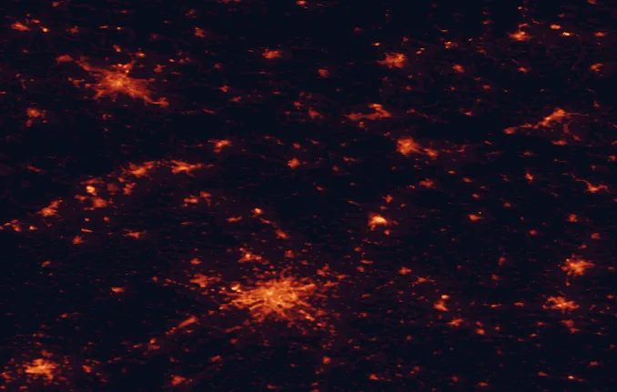 Satellite night-light map of the 100 km around Kokořínsko-Máchův kraj Protected Landscape Area, with Prague, Dresden and Liberec marked