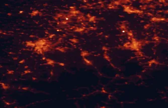 Satellite night-light map of the 50 km around Český Těšín, with Ostrava, Bielsko-Biala and Havířov marked