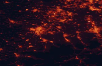 Satellite night-light map of the 50 km around Havířov, with Ostrava, Bielsko-Biala and Rybnik marked