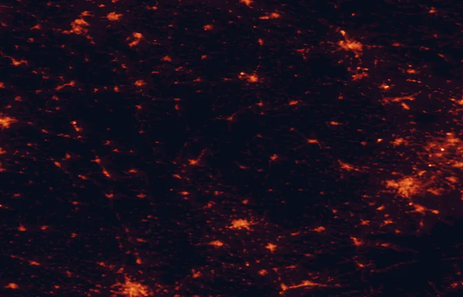 Satellite night-light map of the 100 km around Jeseníky Protected Landscape Area, with Brno, Ostrava and Olomouc marked