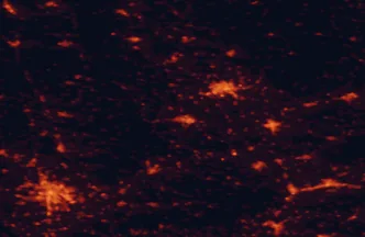 Satellite night-light map of the 50 km around Prostějov, with Brno, Olomouc and Brno střed marked