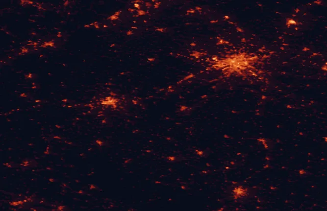 Satellite night-light map of the 100 km around Brdy Protected Landscape Area, with Prague, Pilsen and Příbram marked
