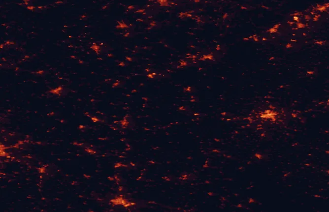 Satellite night-light map of the 100 km around Český les Protected Landscape Area, with Pilsen, Regensburg and Weiden marked