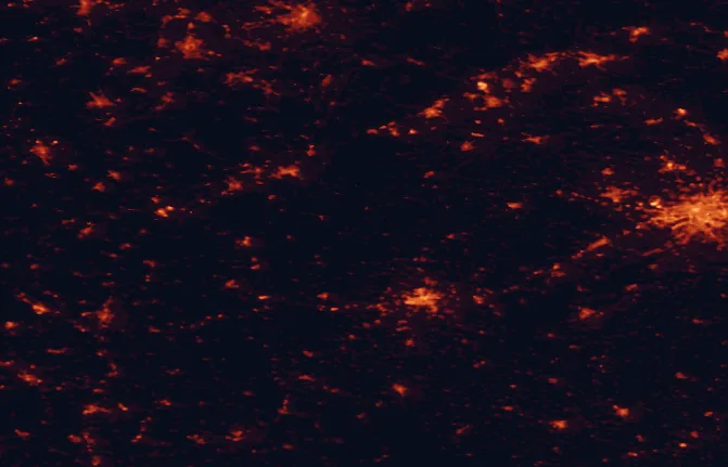 Satellite night-light map of the 100 km around the Manětín Dark Sky Park, with Prague, Pilsen and Chemnitz marked