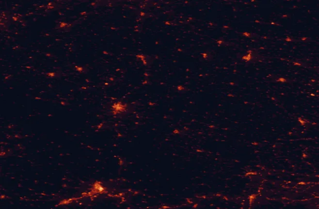 Satellite night-light map of the 100 km around Třeboňsko Protected Landscape Area, with České Budějovice, Linz and Jihlava marked
