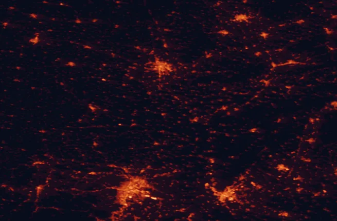 Satellite night-light map of the 100 km around Pálava Protected Landscape Area, with Vienna, Brno and Bratislava marked