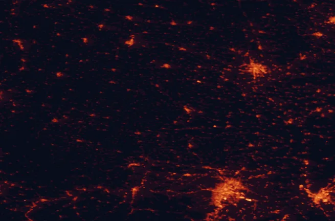 Satellite night-light map of the 100 km around Podyjí National Park, with Vienna, Brno and Bratislava marked